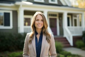 Woman in front of a real estate property
