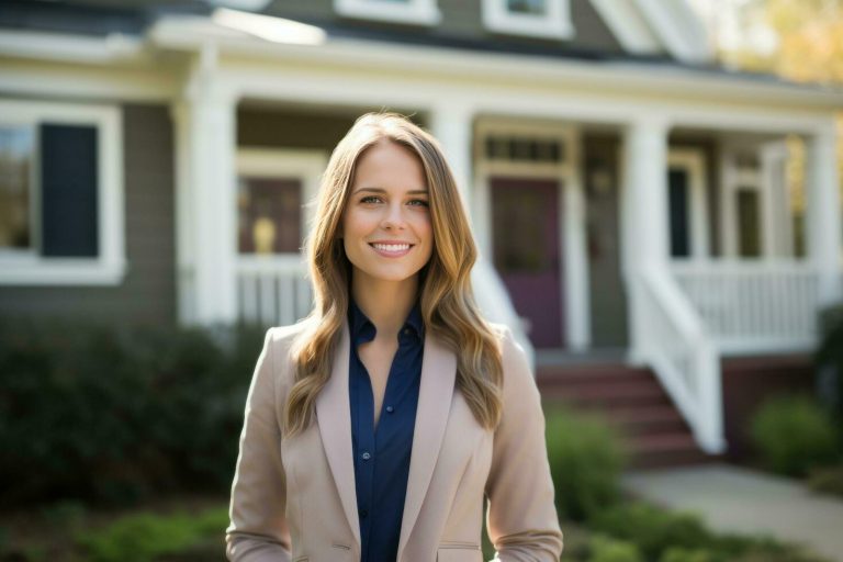 Woman in front of a real estate property
